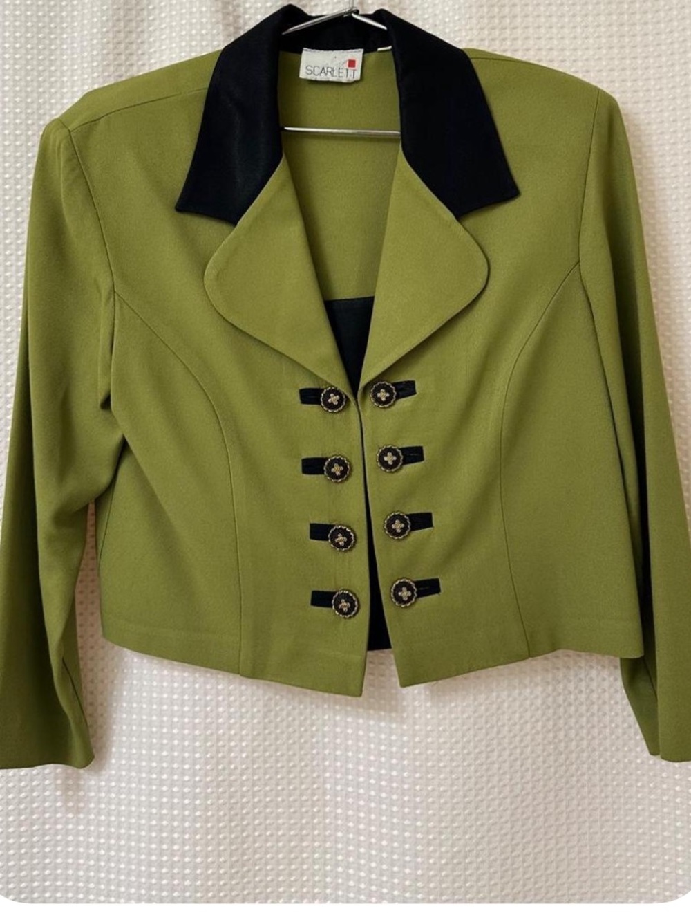 Scarlett Olive Green Cropped Military-Style Jacket with Black Trim